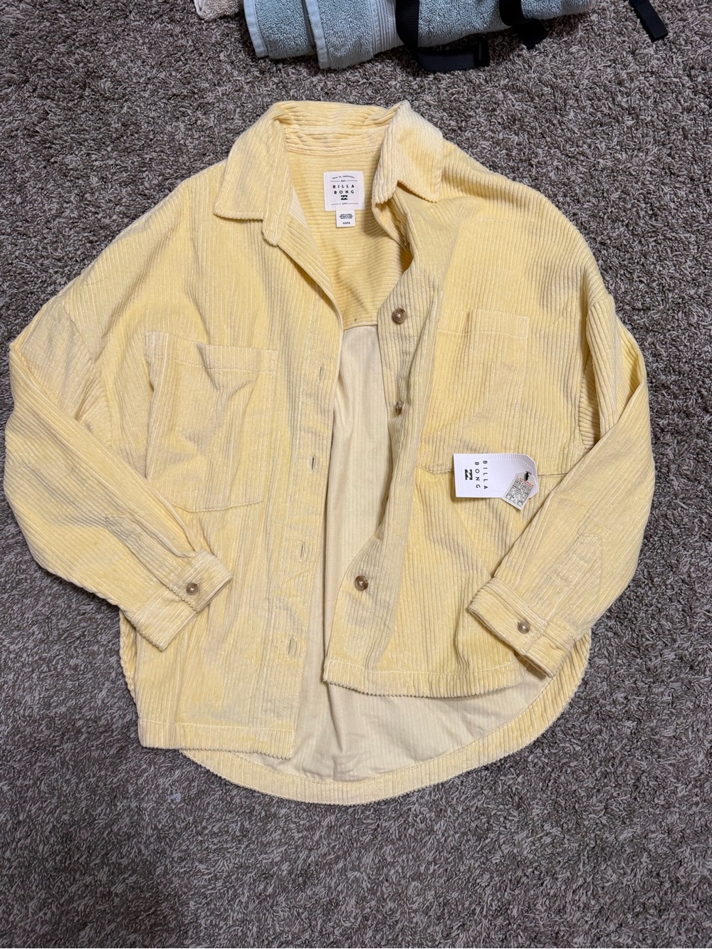 Billabong Pale Yellow Corduroy Button-Down Shirt Jacket
